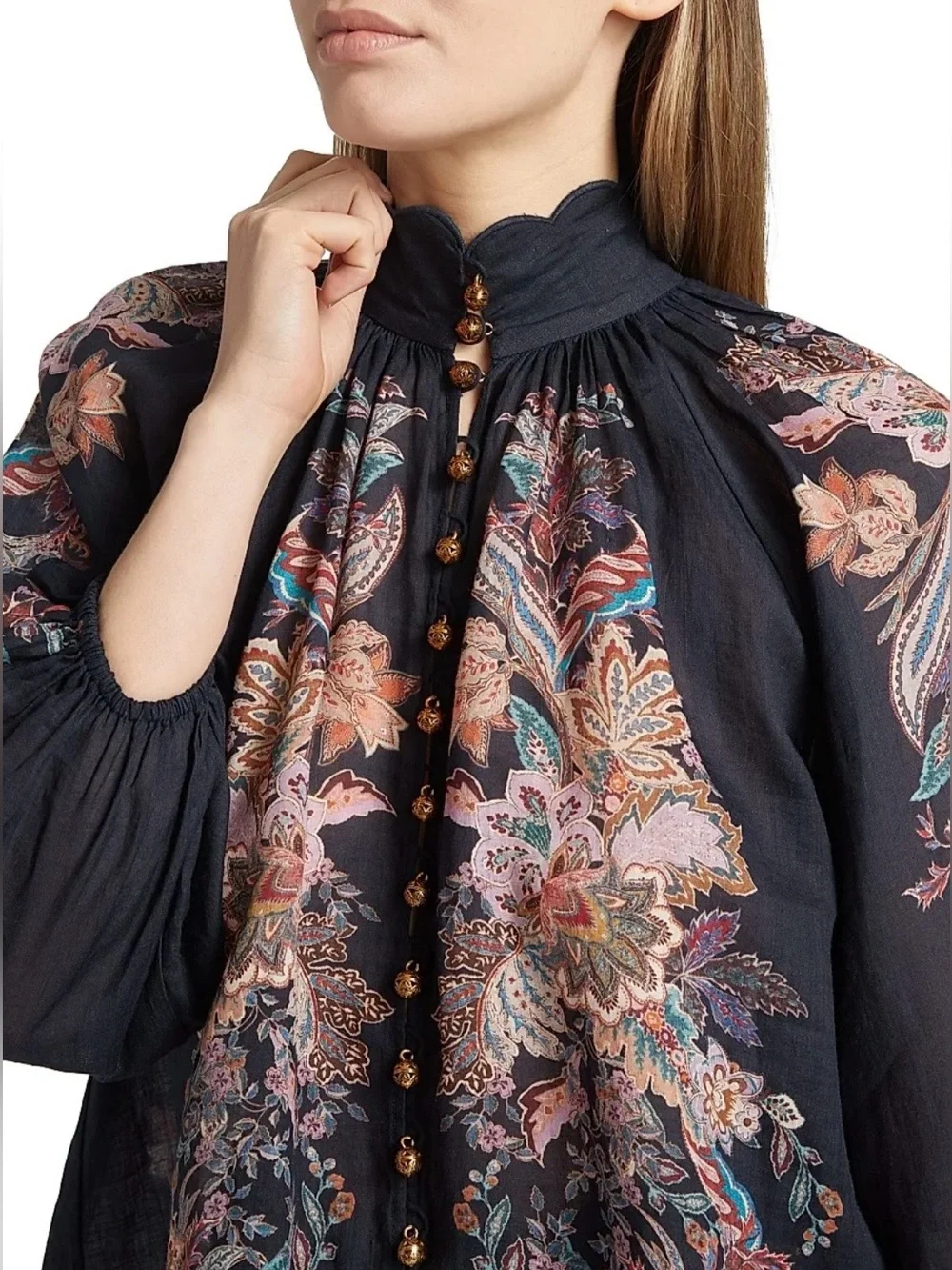 Zimmermann Rhiannon Billow Blouse 100% Ramie Paisley Boho Sheer Navy Top M - Picture 6 of 14